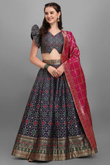 Navy Blue Jacquard Woven Lehenga Choli