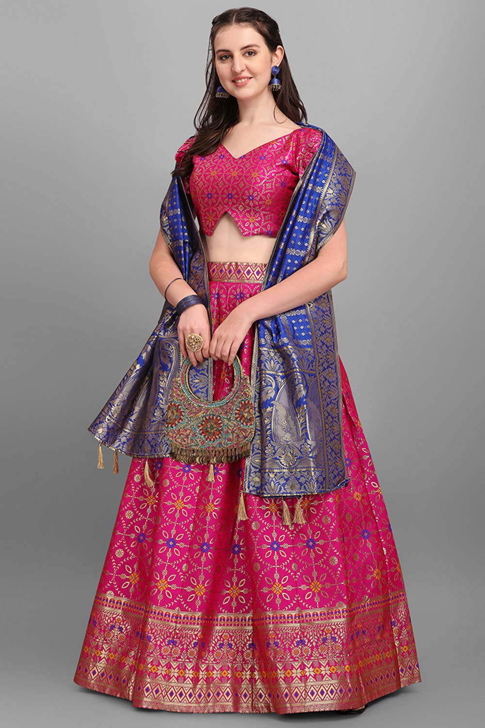 Rani Pink Jacquard Woven Lehenga Choli