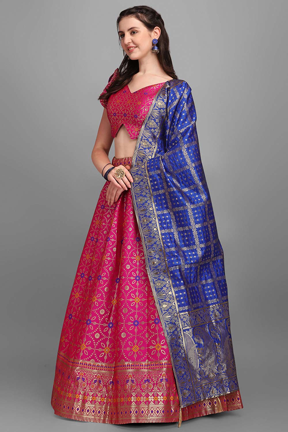 Rani Pink Jacquard Woven Lehenga Choli