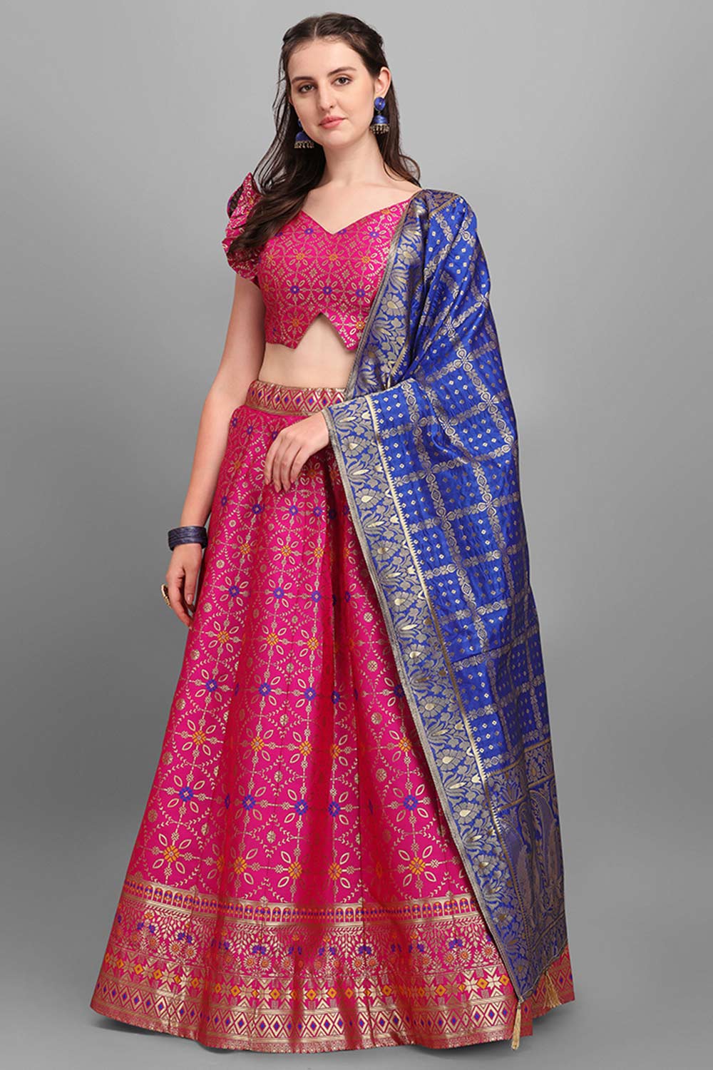 Rani Pink Jacquard Woven Lehenga Choli