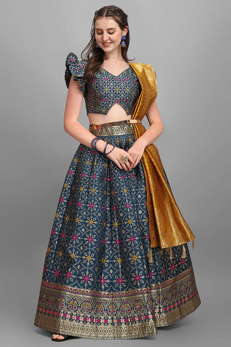 Teal Jacquard Woven Lehenga Choli