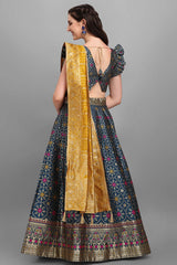 Teal Jacquard Woven Lehenga Choli