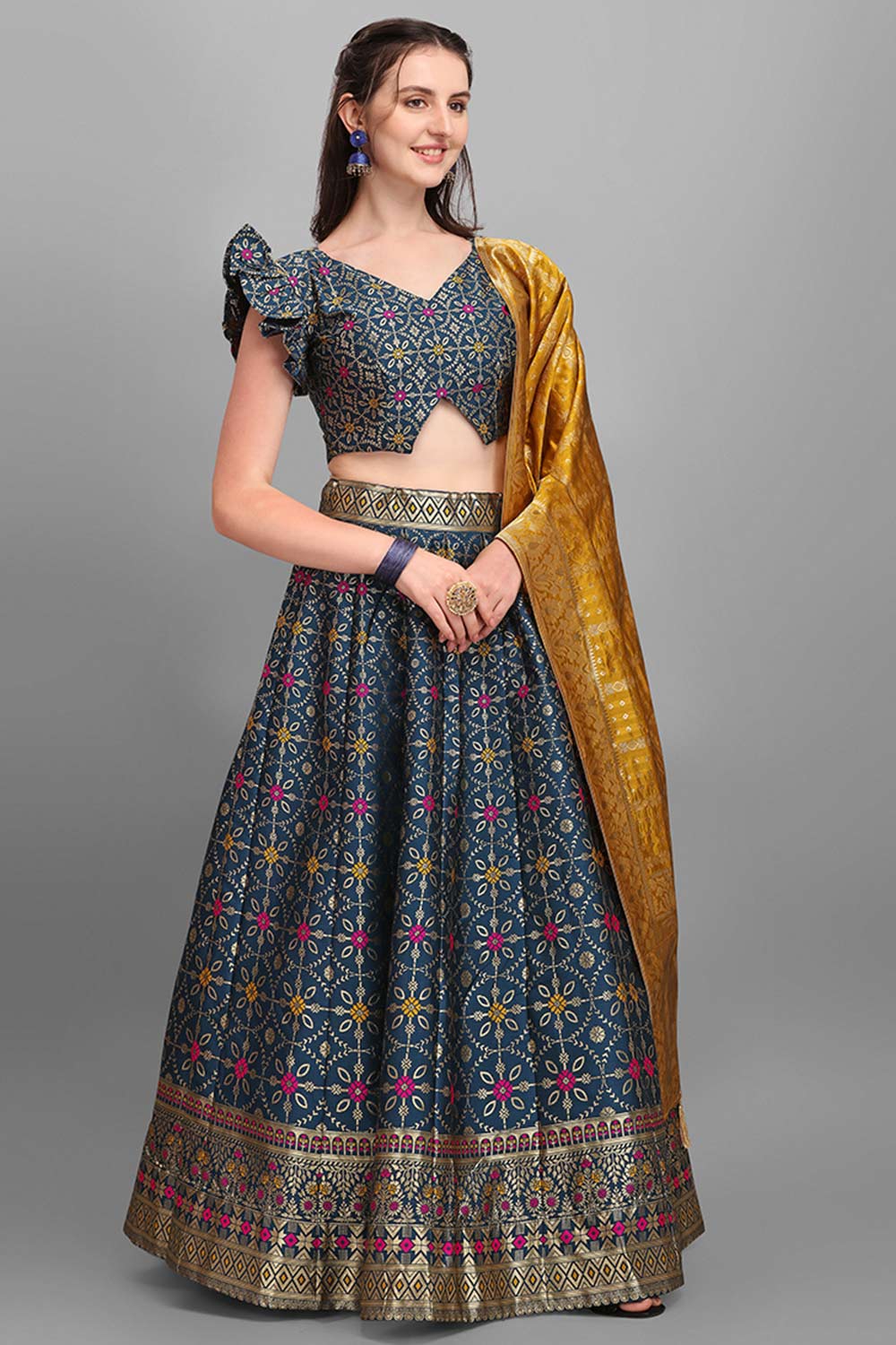 Teal Jacquard Woven Lehenga Choli