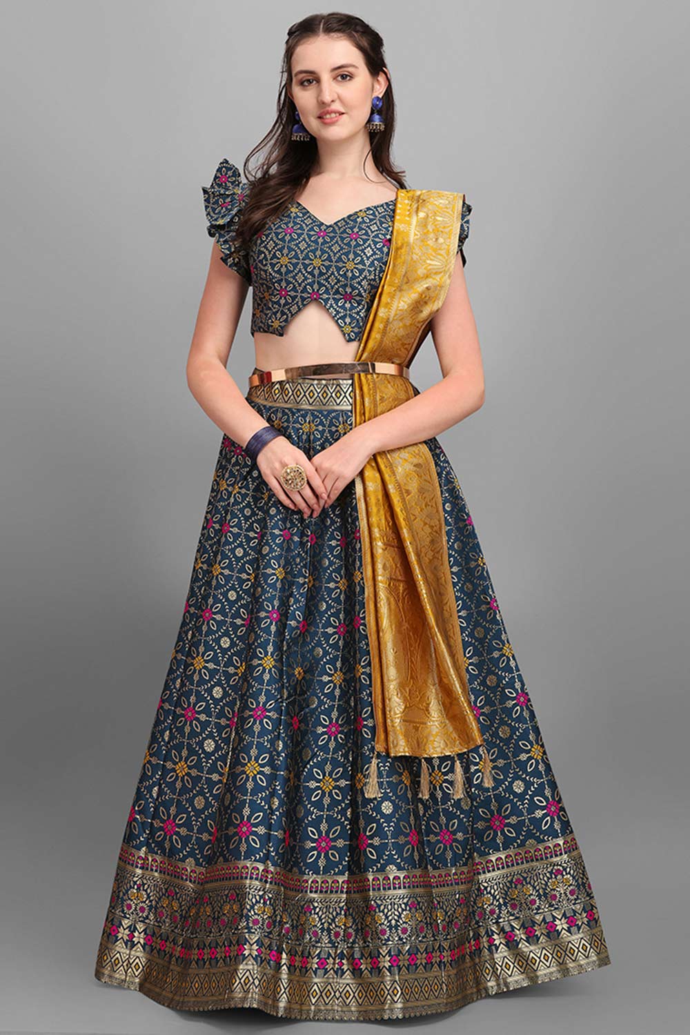 Teal Jacquard Woven Lehenga Choli