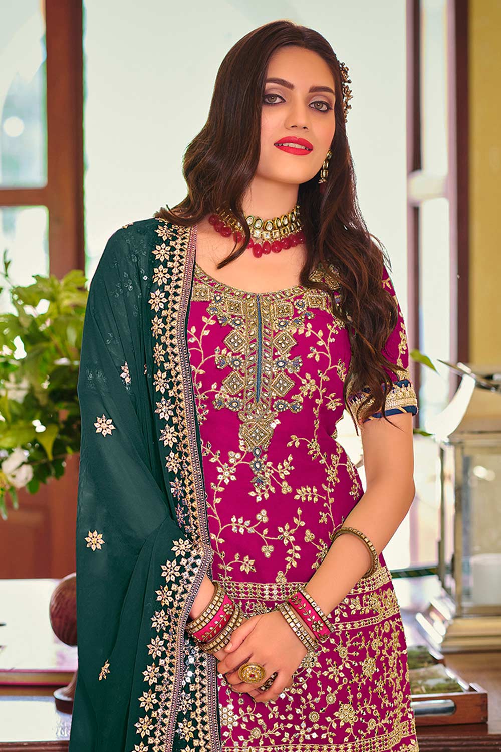 Magenta Embroidered Faux Georgette Fancy Palazzo Suit