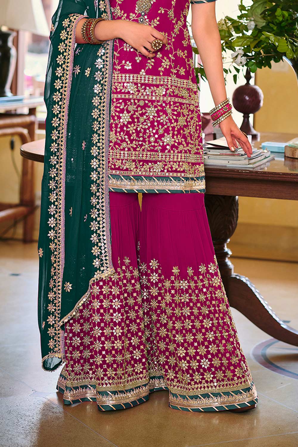 Magenta Embroidered Faux Georgette Fancy Palazzo Suit