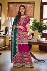 Magenta Embroidered Faux Georgette Fancy Palazzo Suit