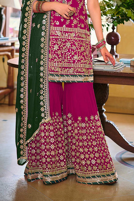 Magenta Embroidered Faux Georgette Fancy Palazzo Suit