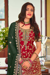 Red Embroidered Faux Georgette Fancy Palazzo Suit