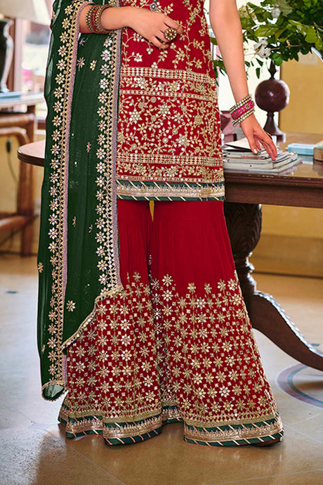 Red Embroidered Faux Georgette Fancy Palazzo Suit