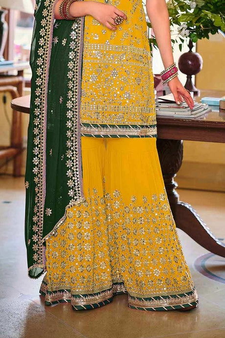 Yellow Embroidered Faux Georgette Fancy Palazzo Suit