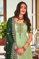 Sea Green Embroidered Faux Georgette Fancy Palazzo Suit