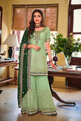 Sea Green Embroidered Faux Georgette Fancy Palazzo Suit