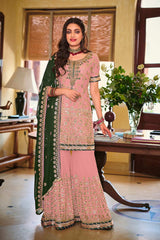 Baby Pink Embroidered Faux Georgette Fancy Palazzo Suit