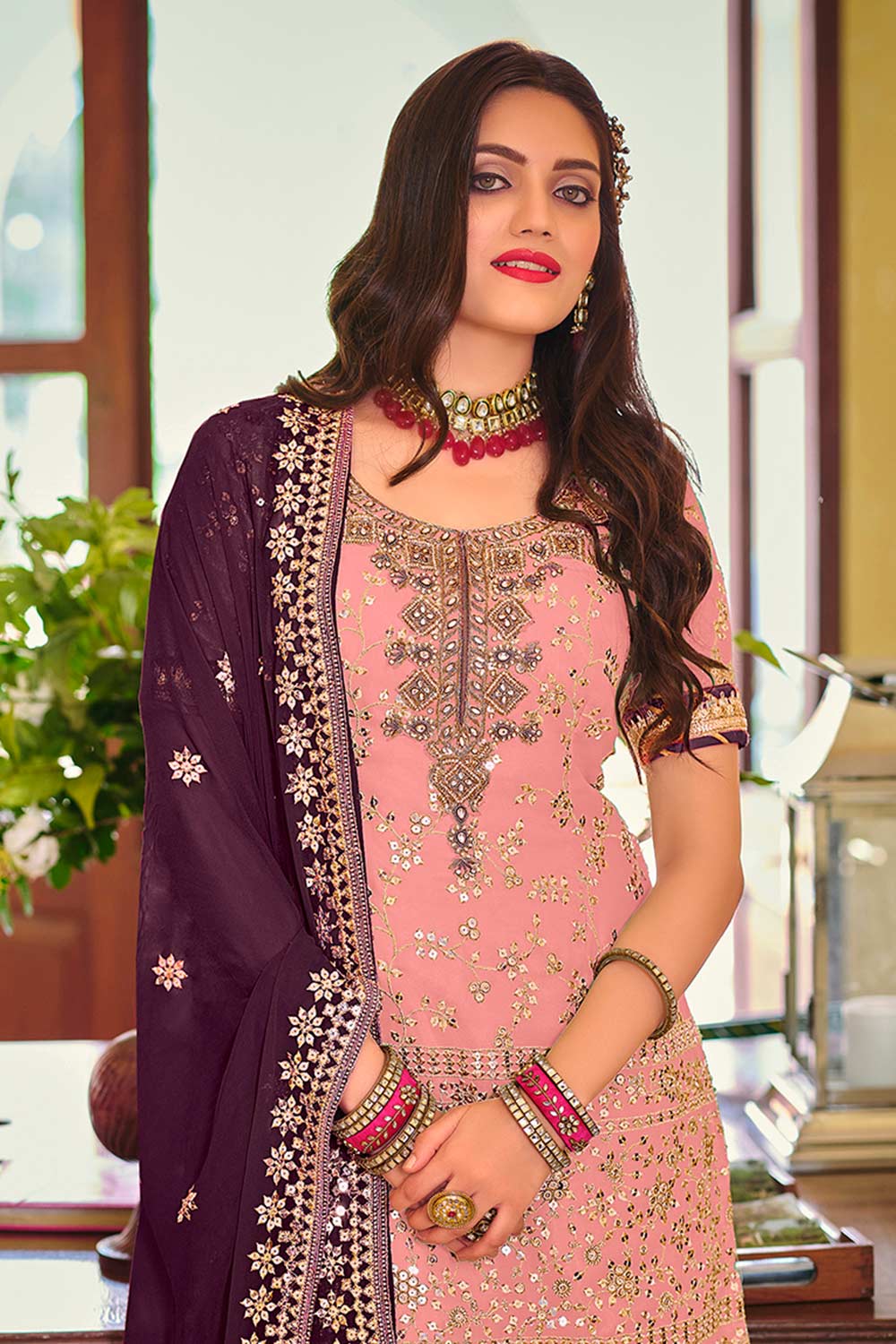 Baby Pink Embroidered Faux Georgette Fancy Palazzo Suit