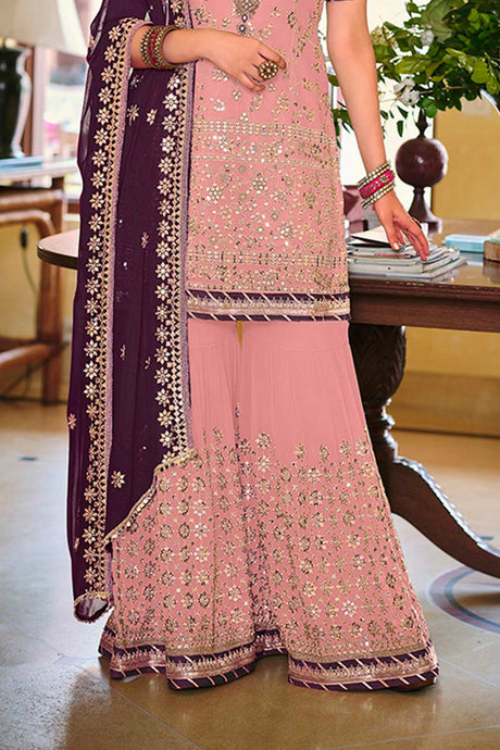 Baby Pink Embroidered Faux Georgette Fancy Palazzo Suit