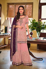 Baby Pink Embroidered Faux Georgette Fancy Palazzo Suit