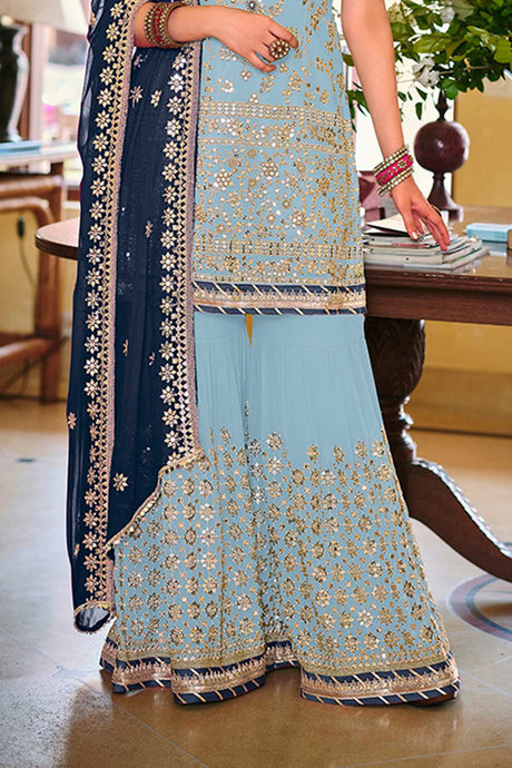 Aqua Blue Embroidered Faux Georgette Fancy Palazzo Suit