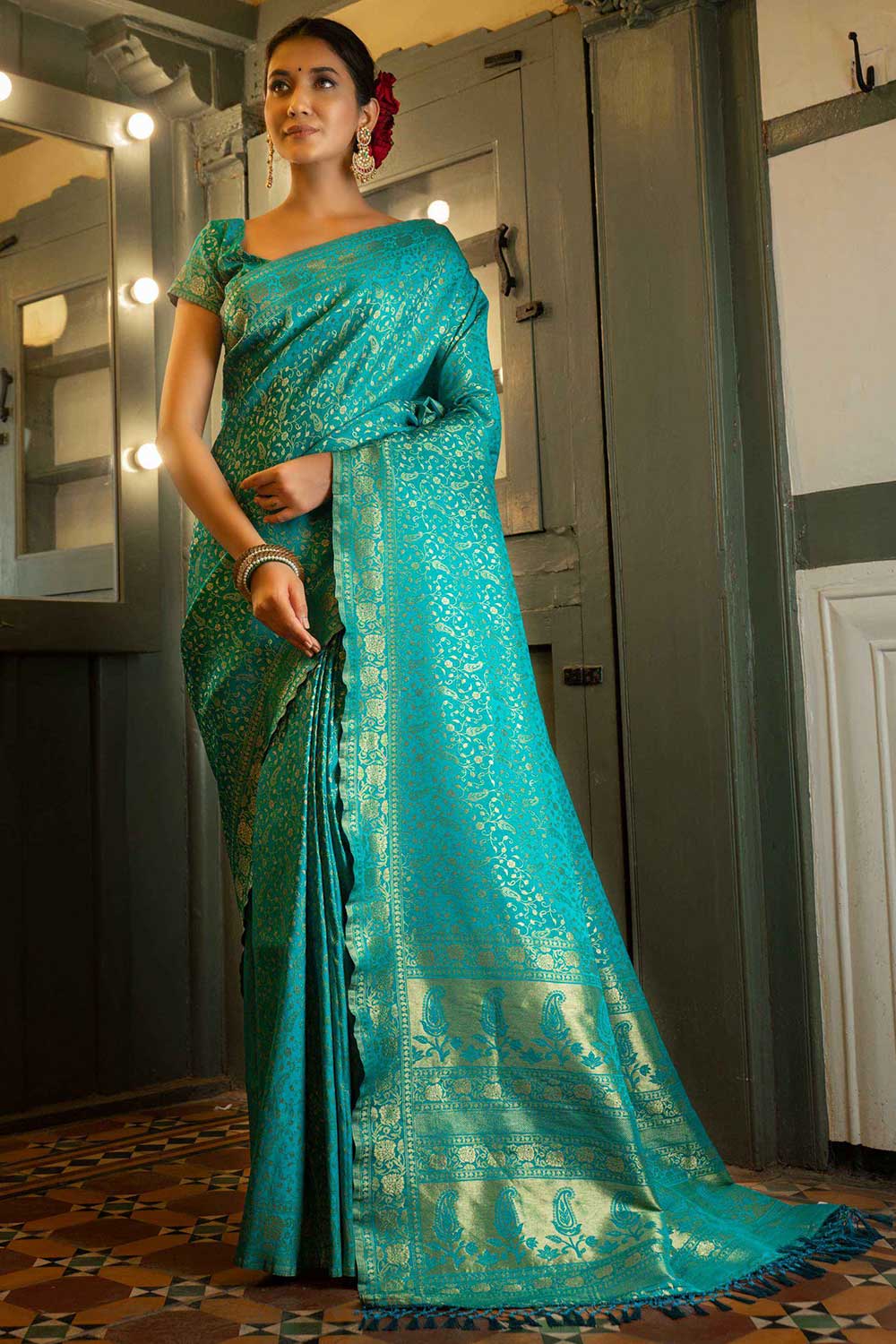 Turquois Art Silk Zari Saree