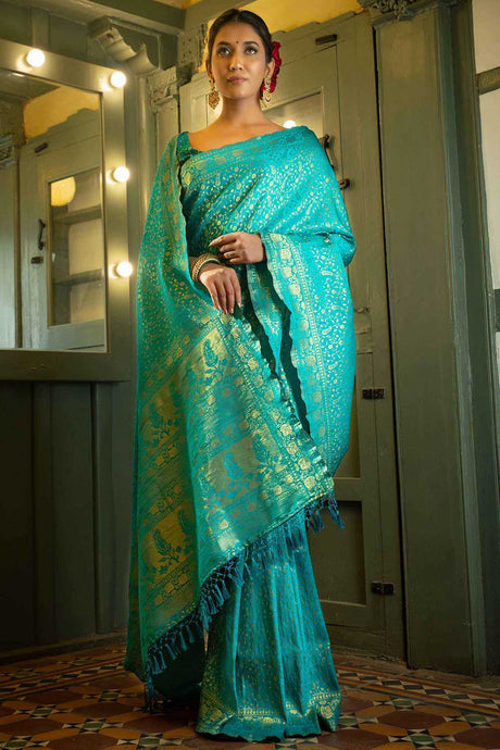 Turquois Art Silk Zari Saree