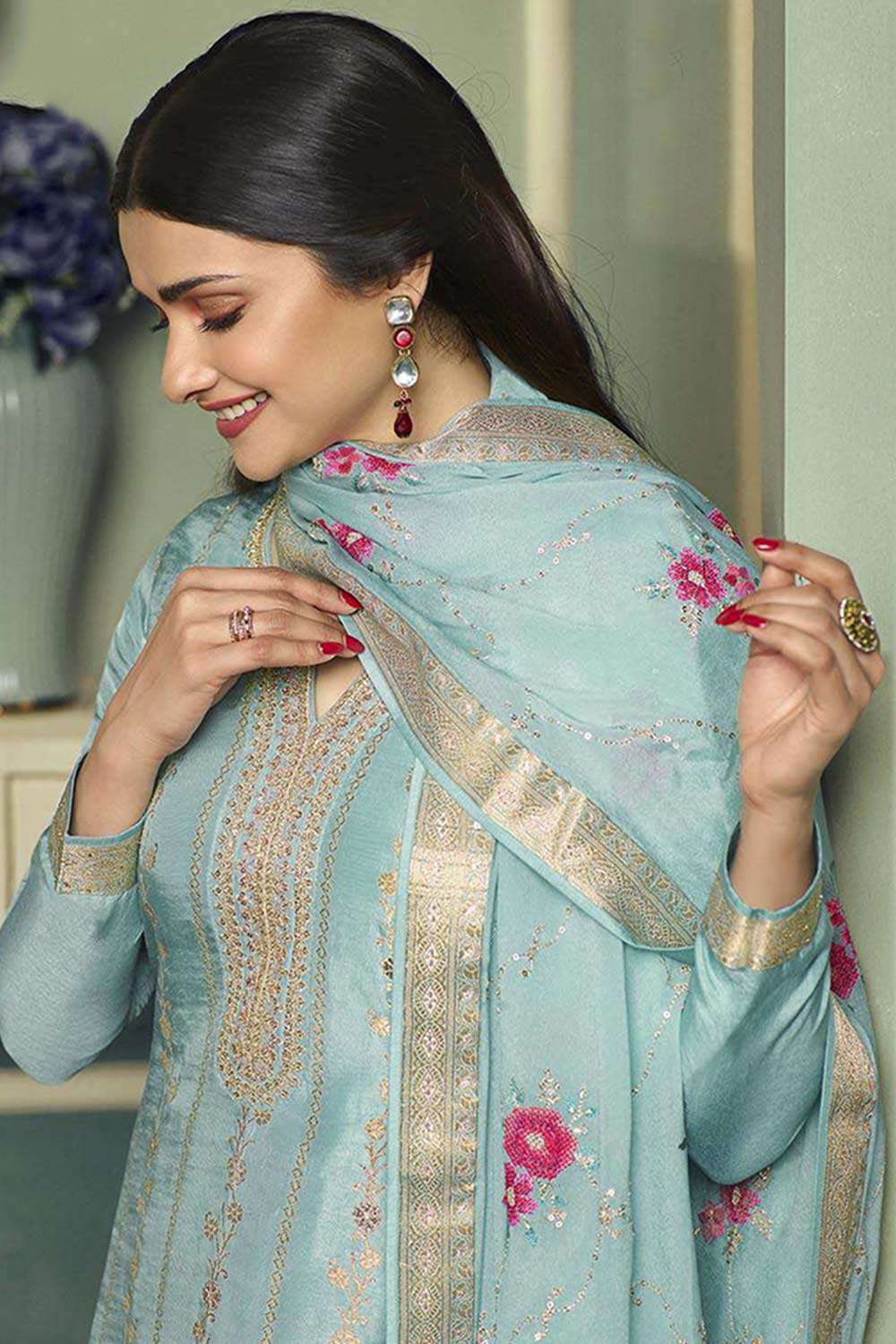 Sky Blue Viscose Jacquard Embroidered Salwar Suit