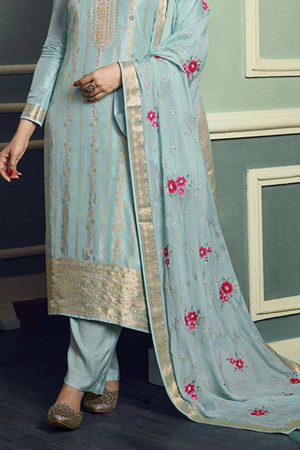 Sky Blue Viscose Jacquard Embroidered Salwar Suit