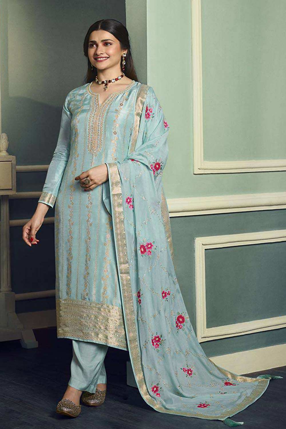 Sky Blue Viscose Jacquard Embroidered Salwar Suit