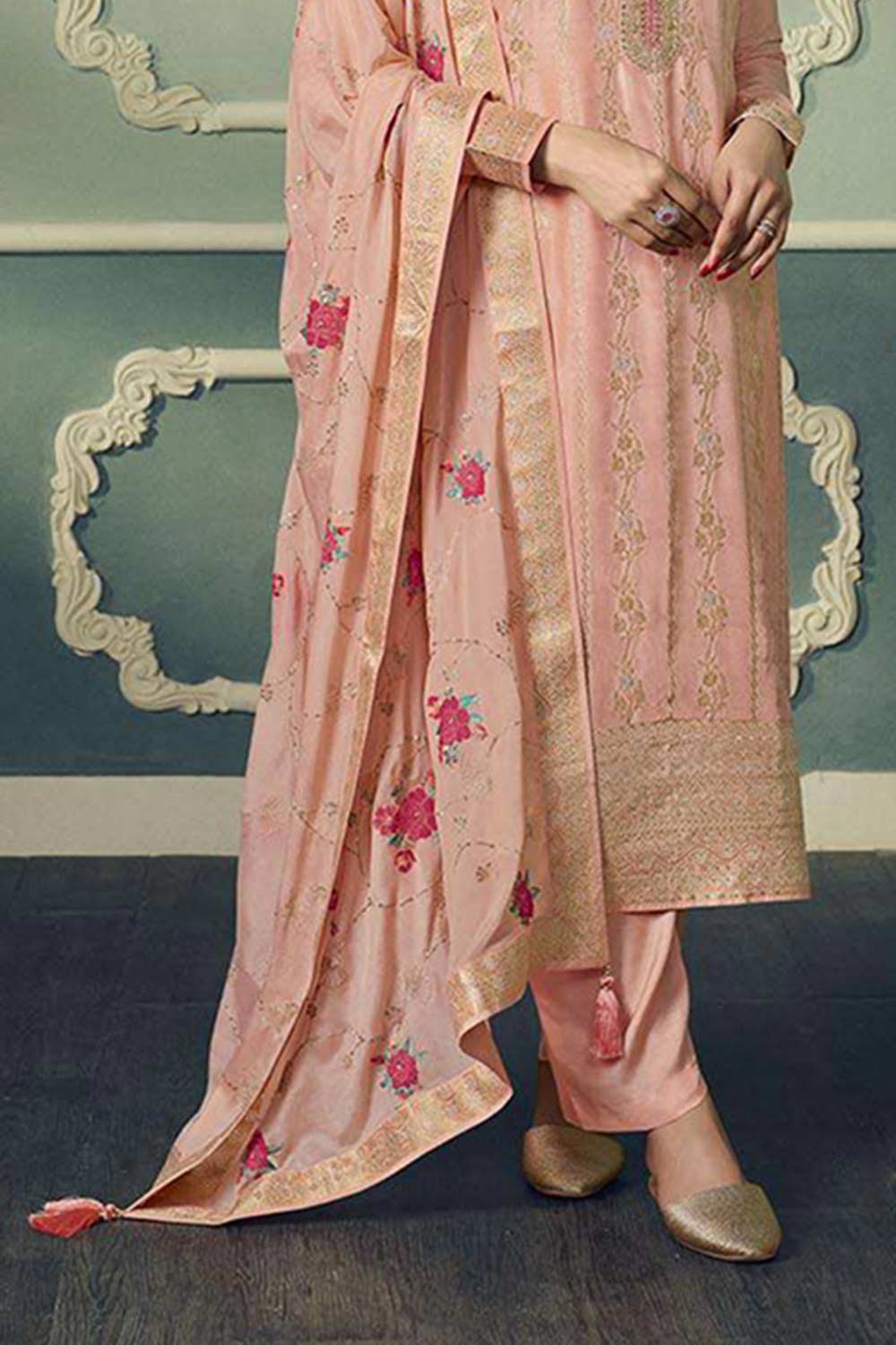 Peach Viscose Jacquard Embroidered Salwar Suit