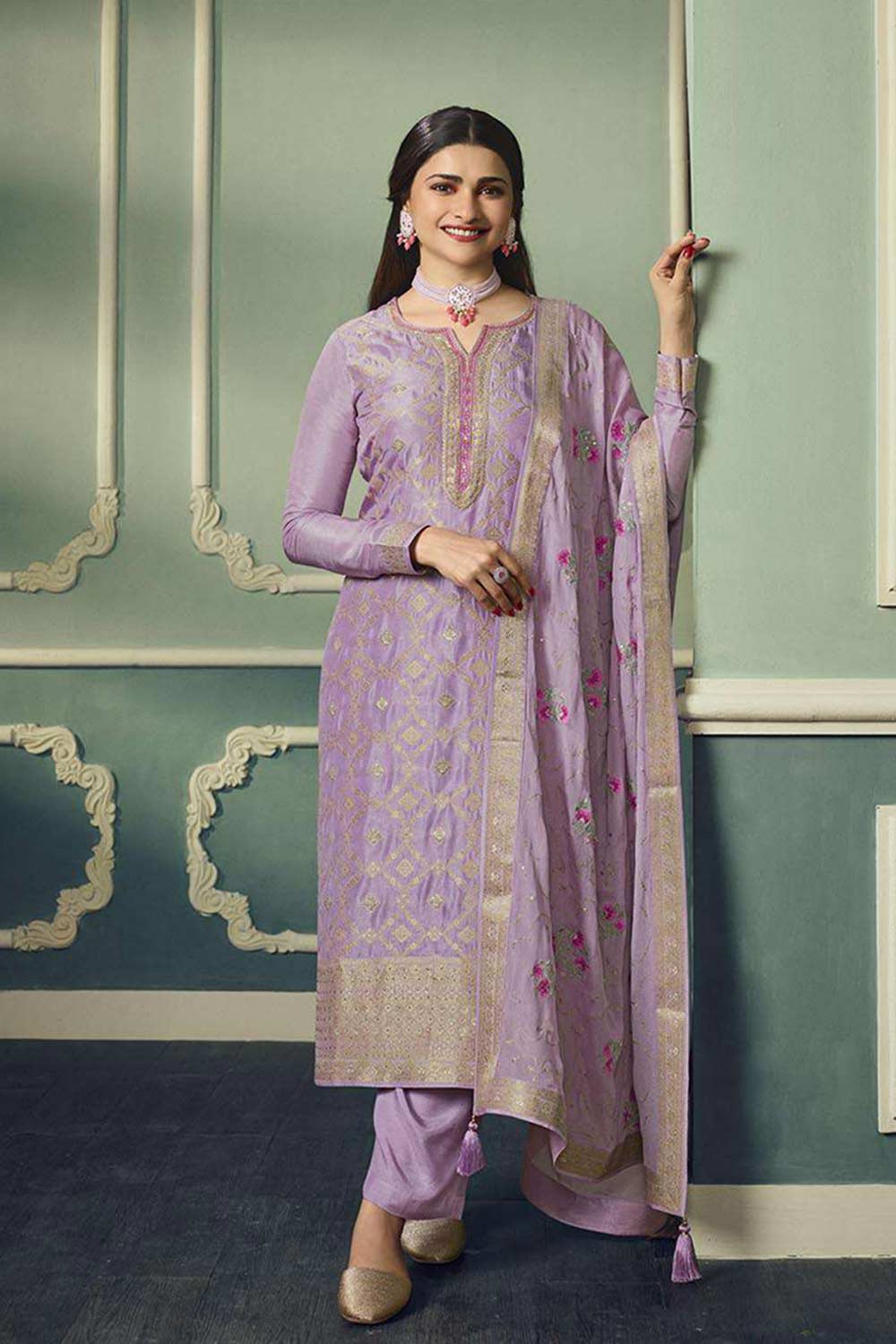 Lavender Viscose Jacquard Embroidered Salwar Suit