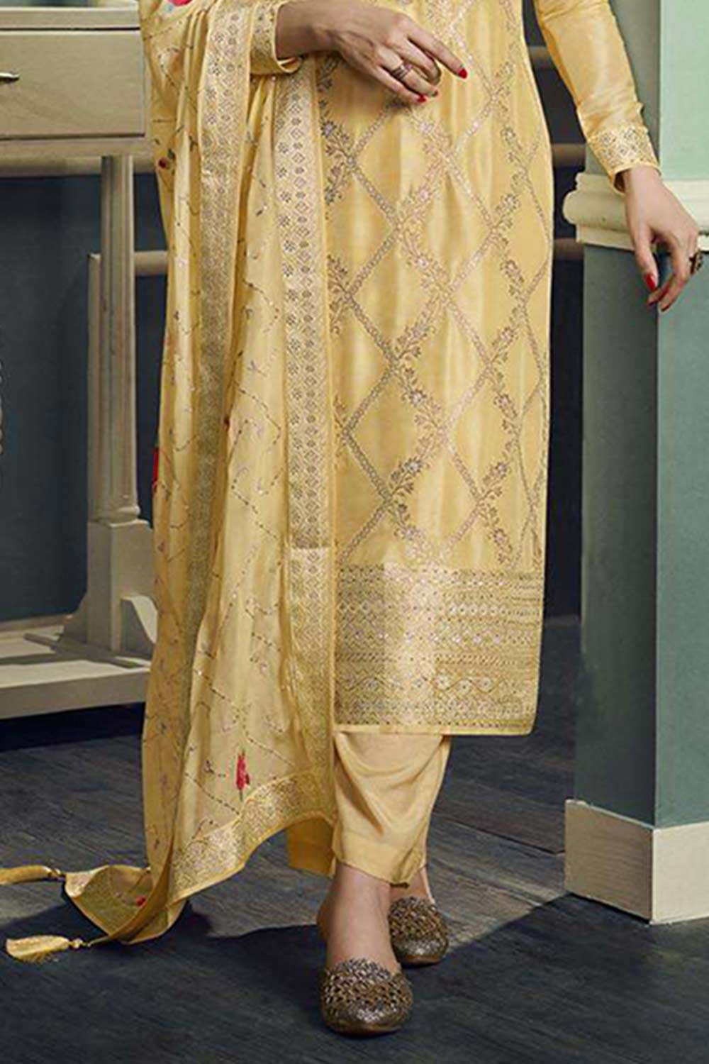 Yellow Viscose Jacquard Embroidered Salwar Suit