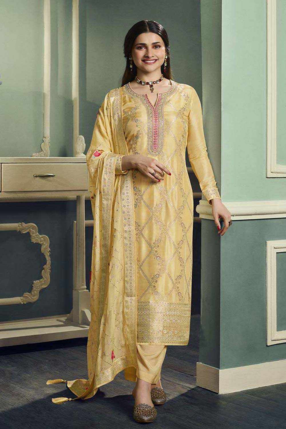 Yellow Viscose Jacquard Embroidered Salwar Suit