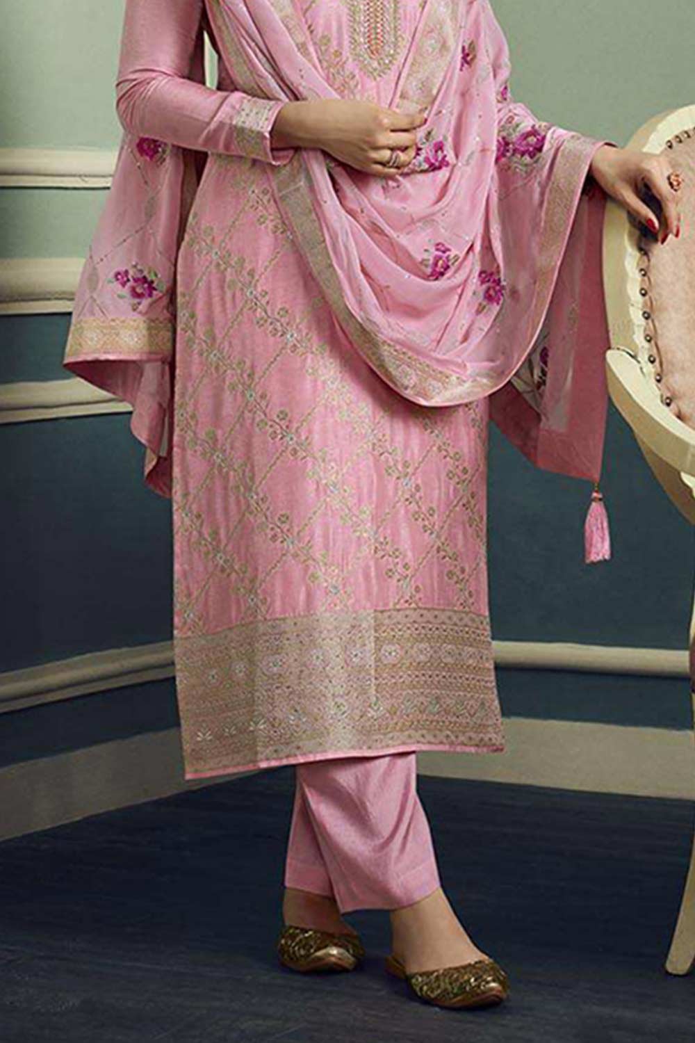 Baby Pink Viscose Jacquard Embroidered Salwar Suit