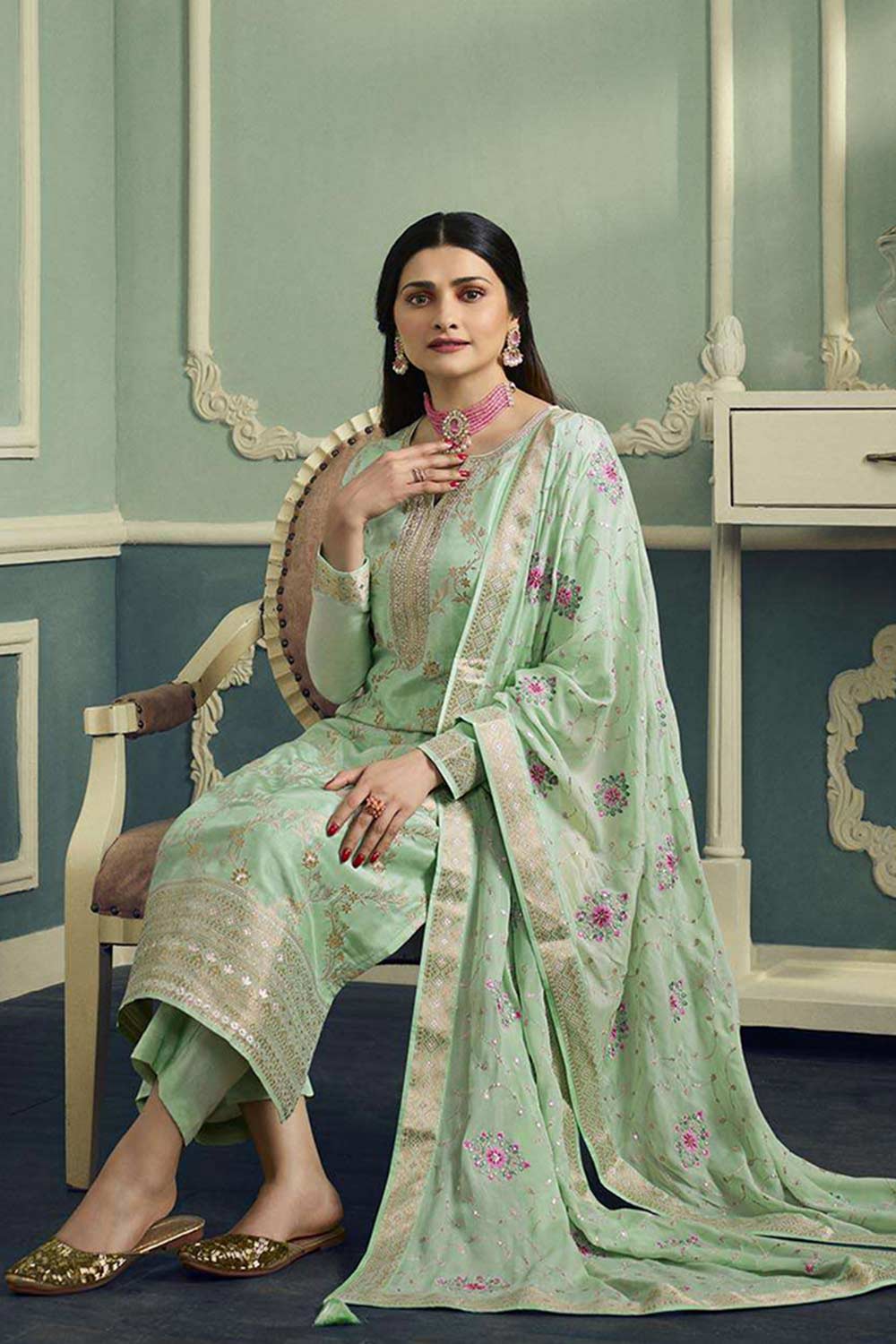 Sea Green Viscose Jacquard Embroidered Salwar Suit