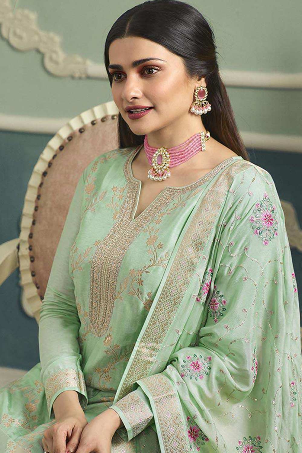 Sea Green Viscose Jacquard Embroidered Salwar Suit