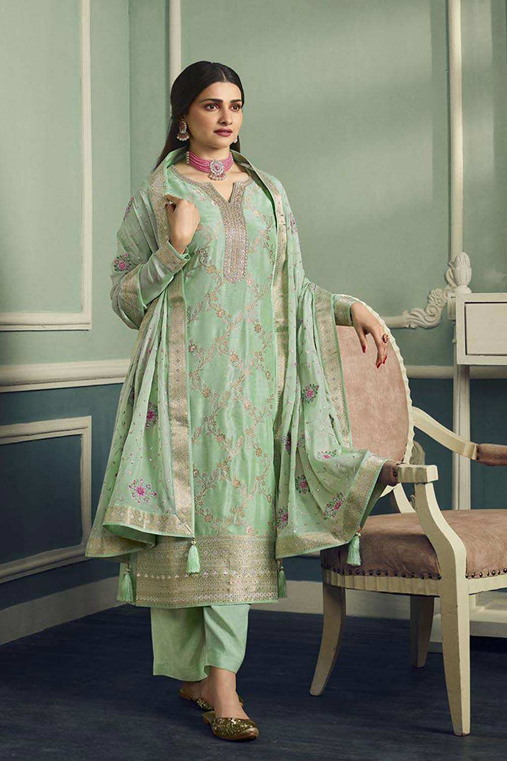 Sea Green Viscose Jacquard Embroidered Salwar Suit