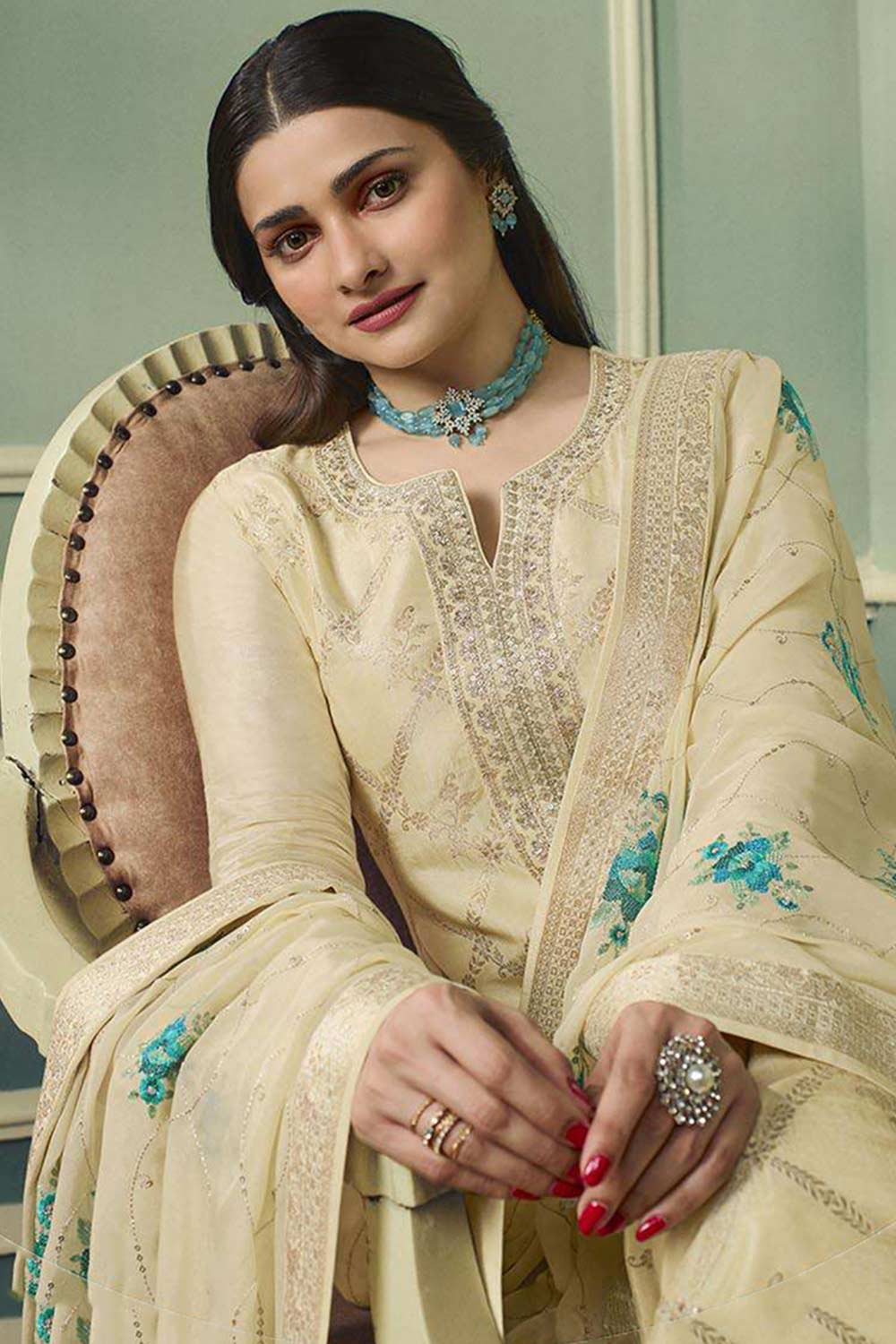 Beige Viscose Jacquard Embroidered Salwar Suit