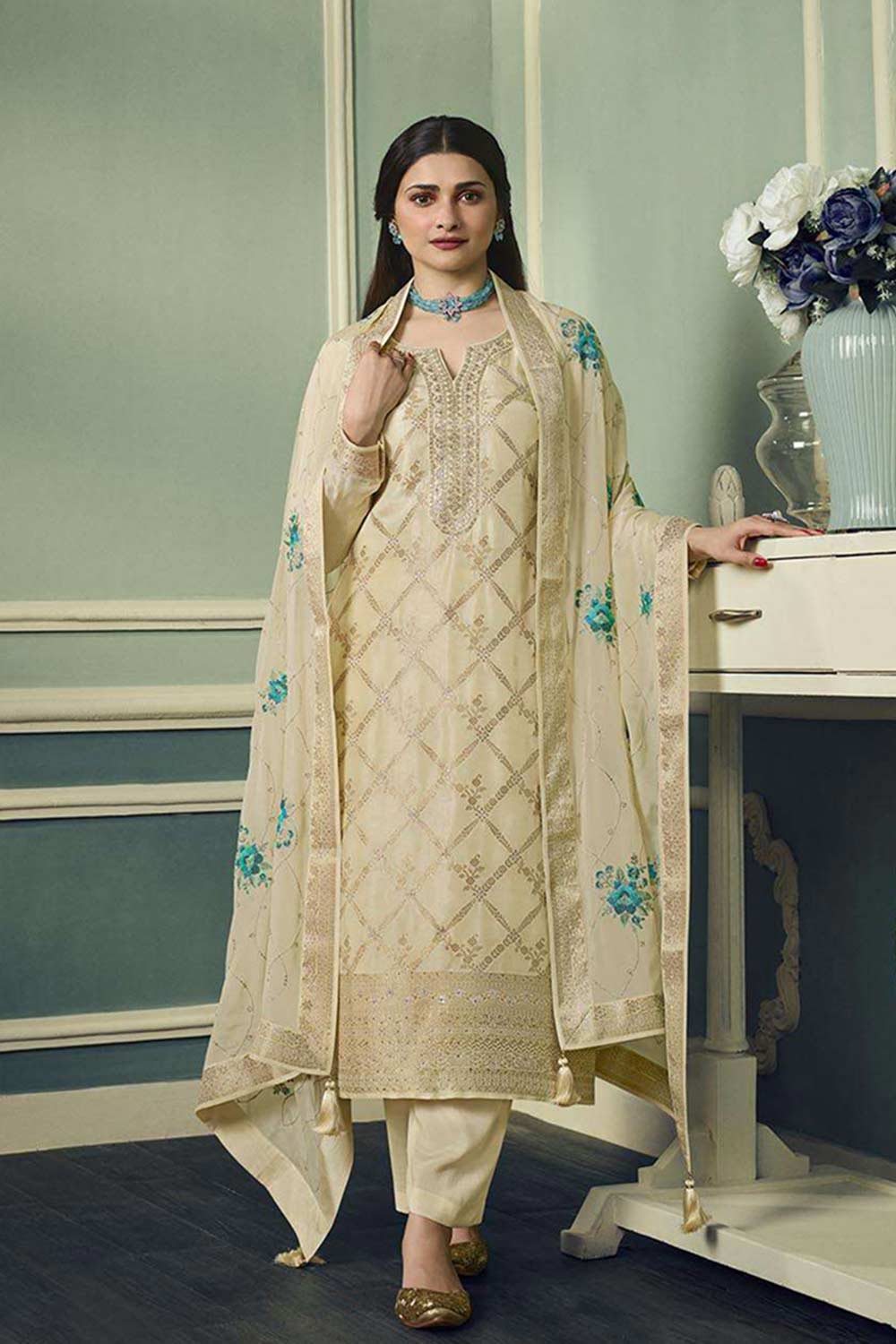 Beige Viscose Jacquard Embroidered Salwar Suit