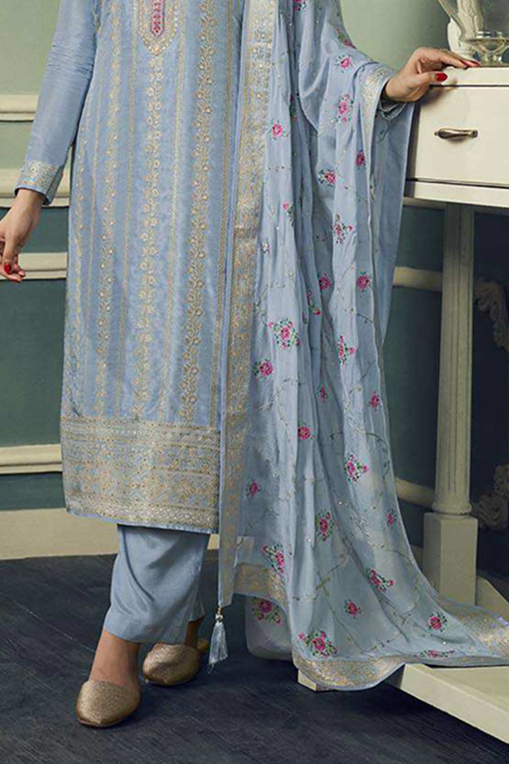 Blue Viscose Jacquard Embroidered Salwar Suit