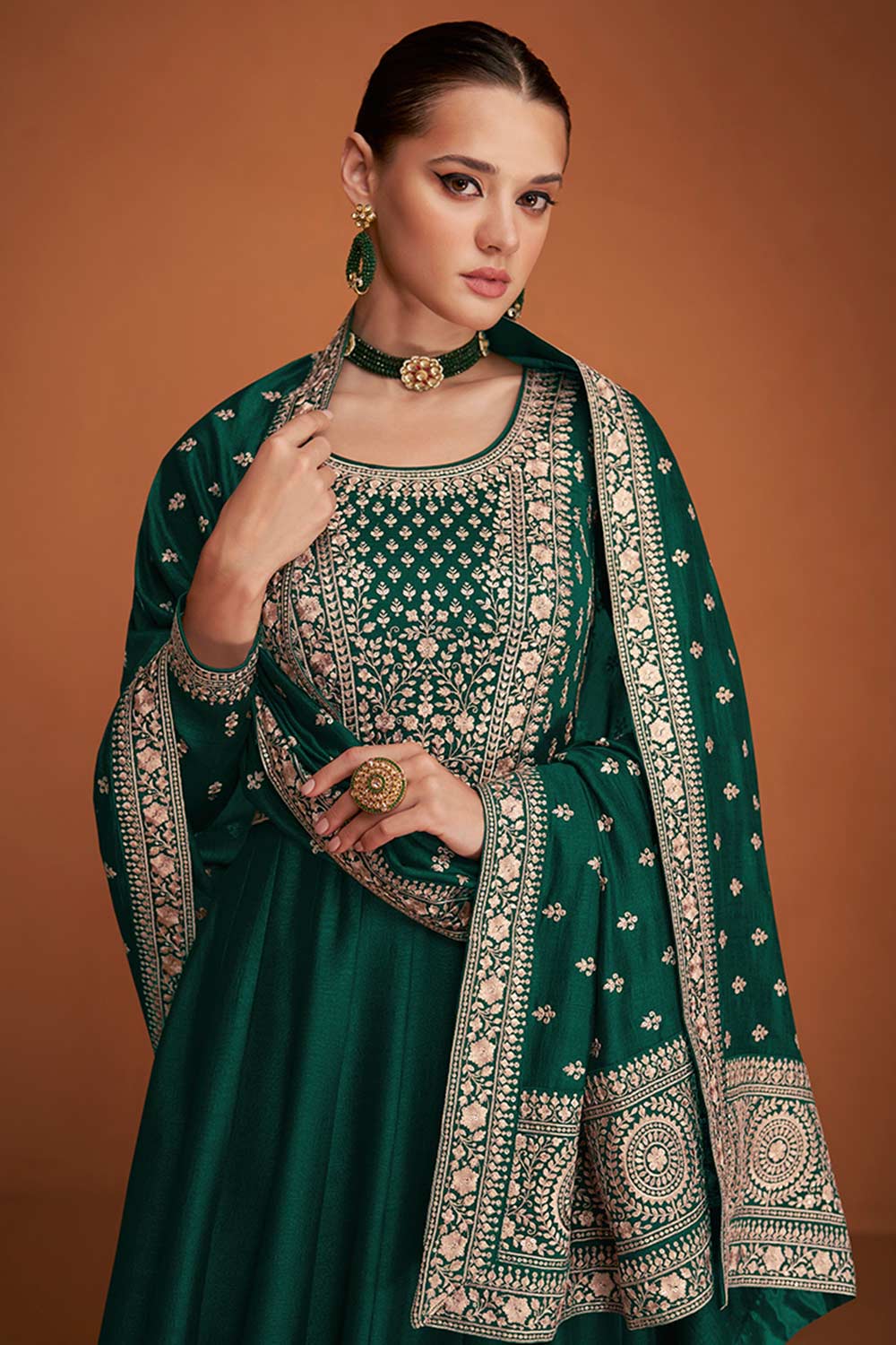 Dark Green Silk Embroidered Anarkali Suit