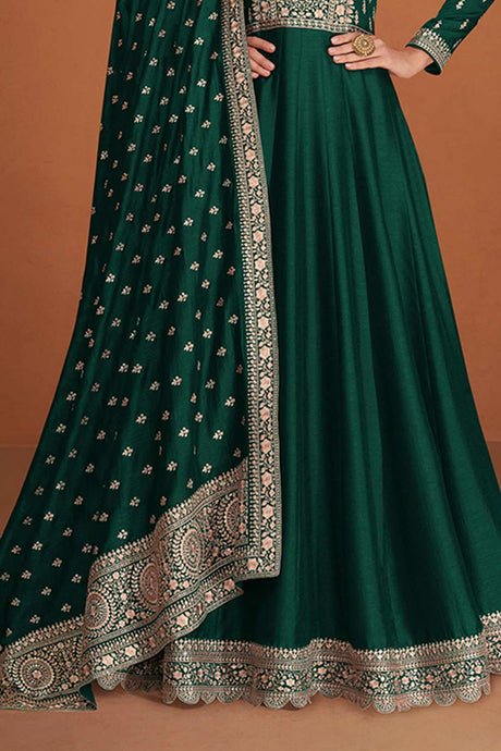 Dark Green Silk Embroidered Anarkali Suit