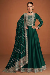 Dark Green Silk Embroidered Anarkali Suit