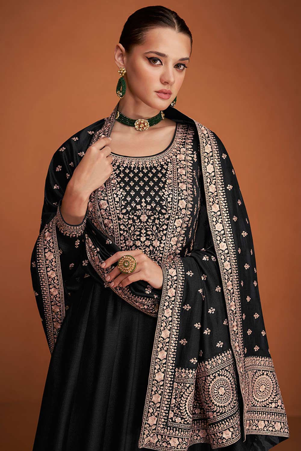 Black Silk Embroidered Anarkali Suit