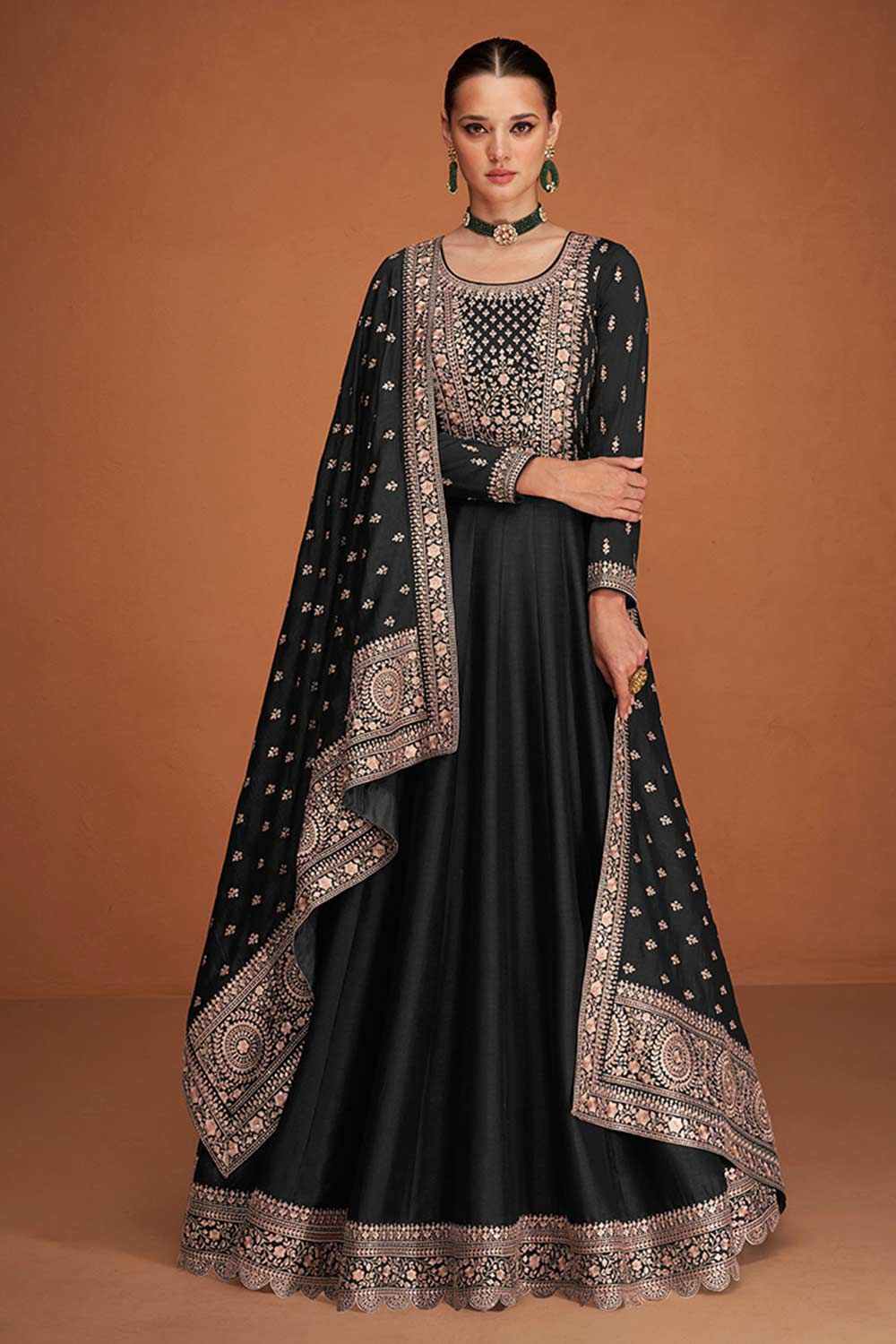 Black Silk Embroidered Anarkali Suit