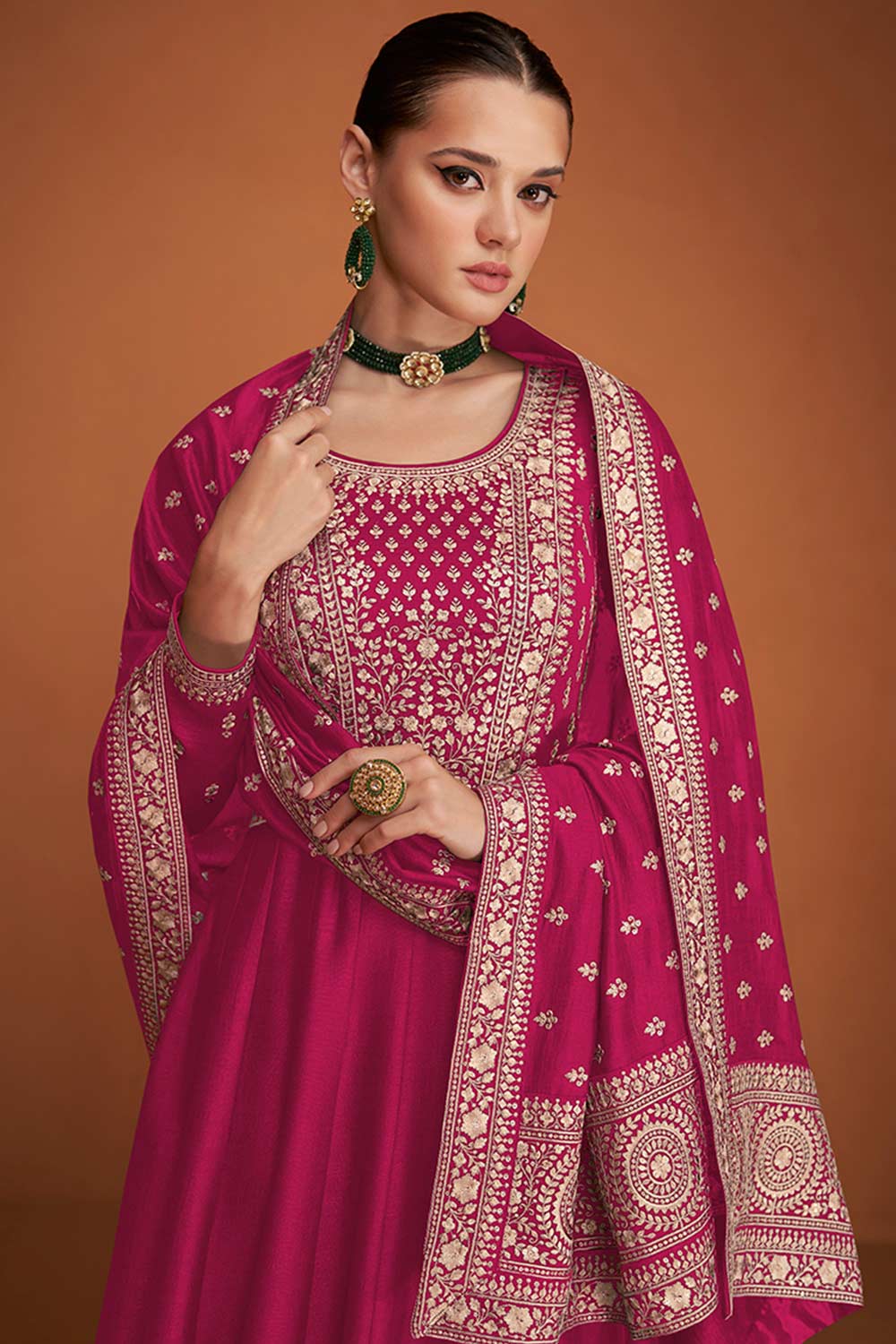 Magenta Silk Embroidered Anarkali Suit