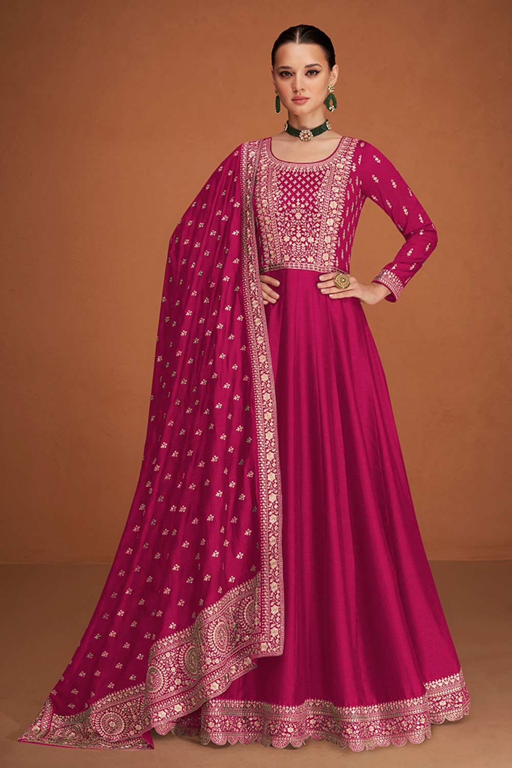 Magenta Silk Embroidered Anarkali Suit