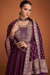 Wine Silk Embroidered Anarkali Suit