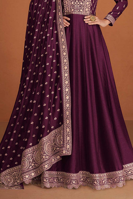 Wine Silk Embroidered Anarkali Suit