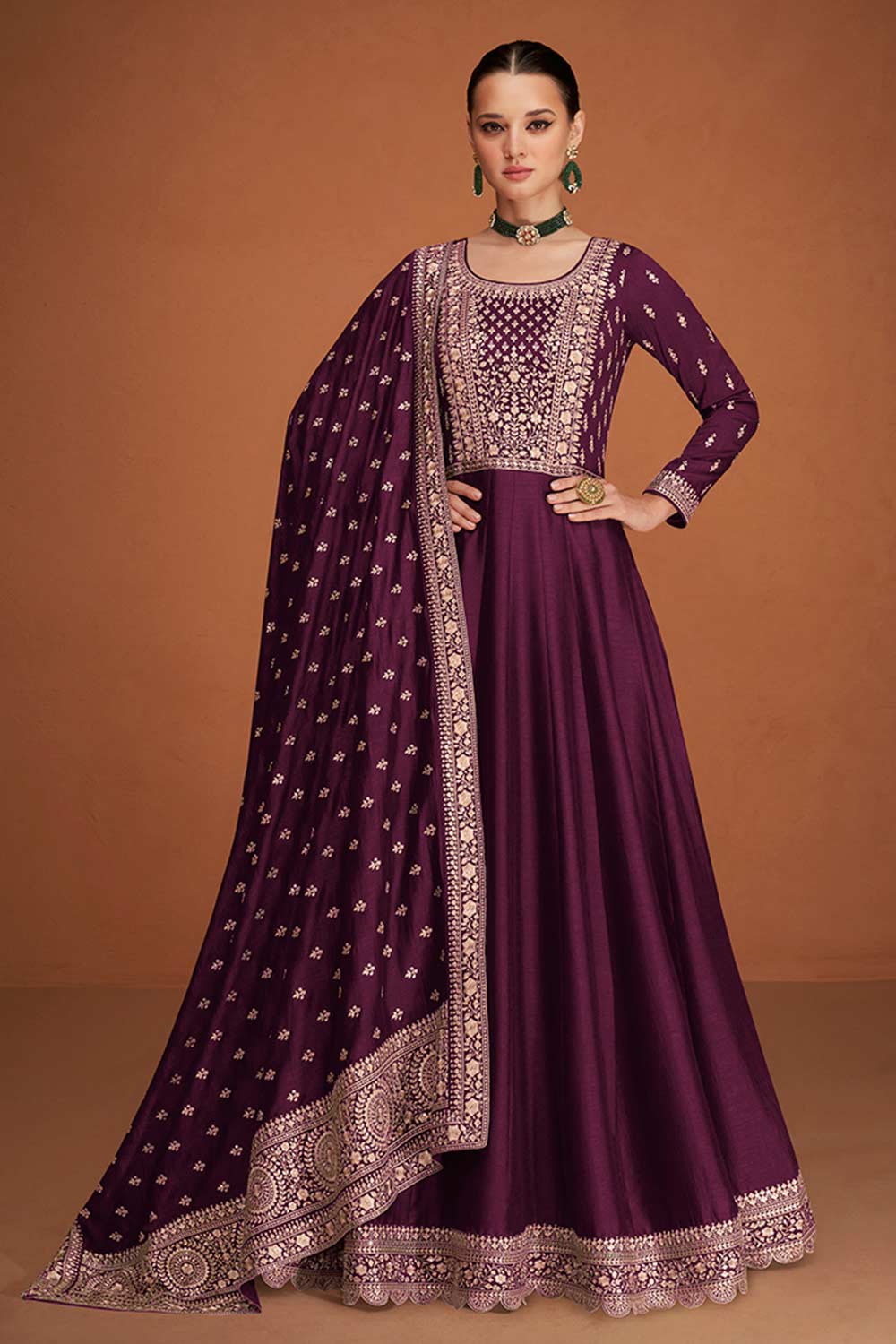 Wine Silk Embroidered Anarkali Suit