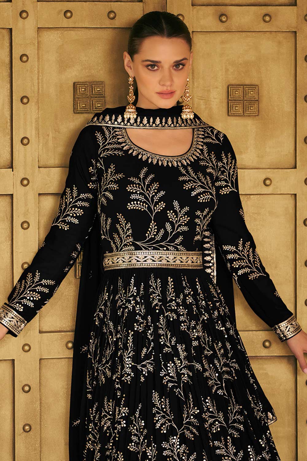 Black Georgette Embroidered Party Wear Suit