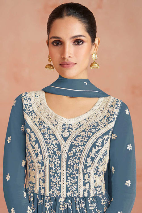 Teal Blue Viscose Jacquard Embroidered Salwar Suit